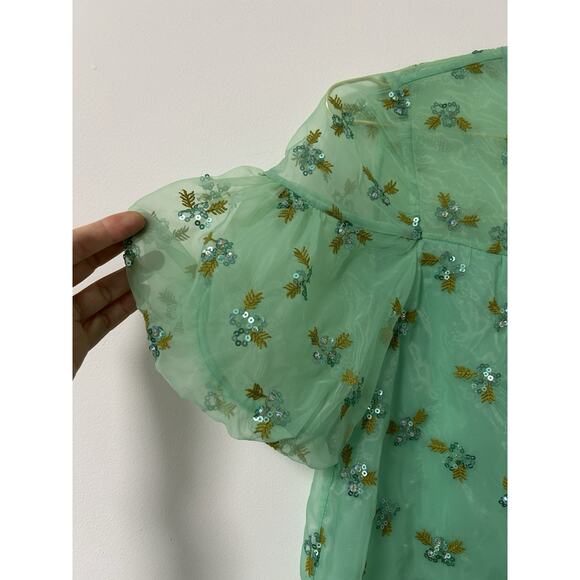 NWT ANthropologie Organza Beaded Top Sabine Green Embroidery Crop Sz 2 Puff - Picture 3 of 11